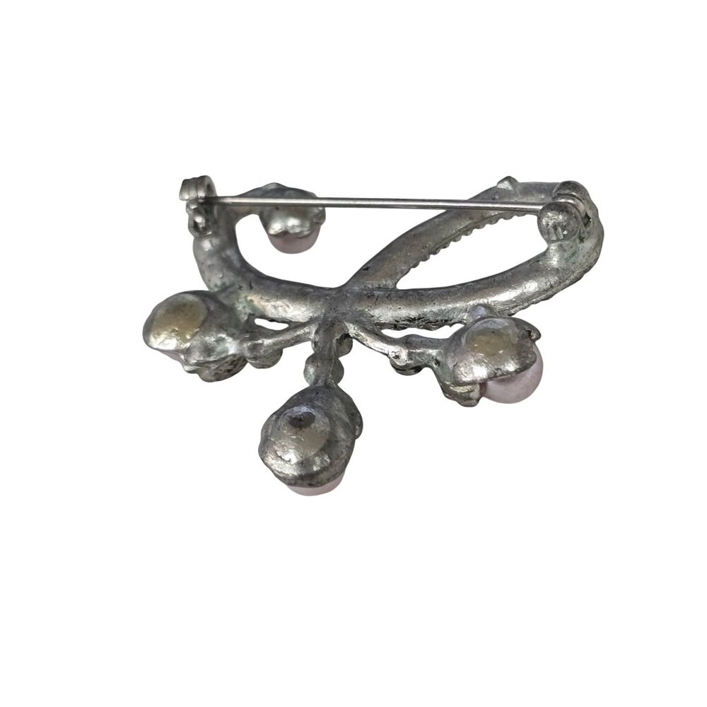 Vintage Silver Tone Aquamarine Blue Rhinestone & Faux Pearl Brooch Pin - Picture 8 of 10